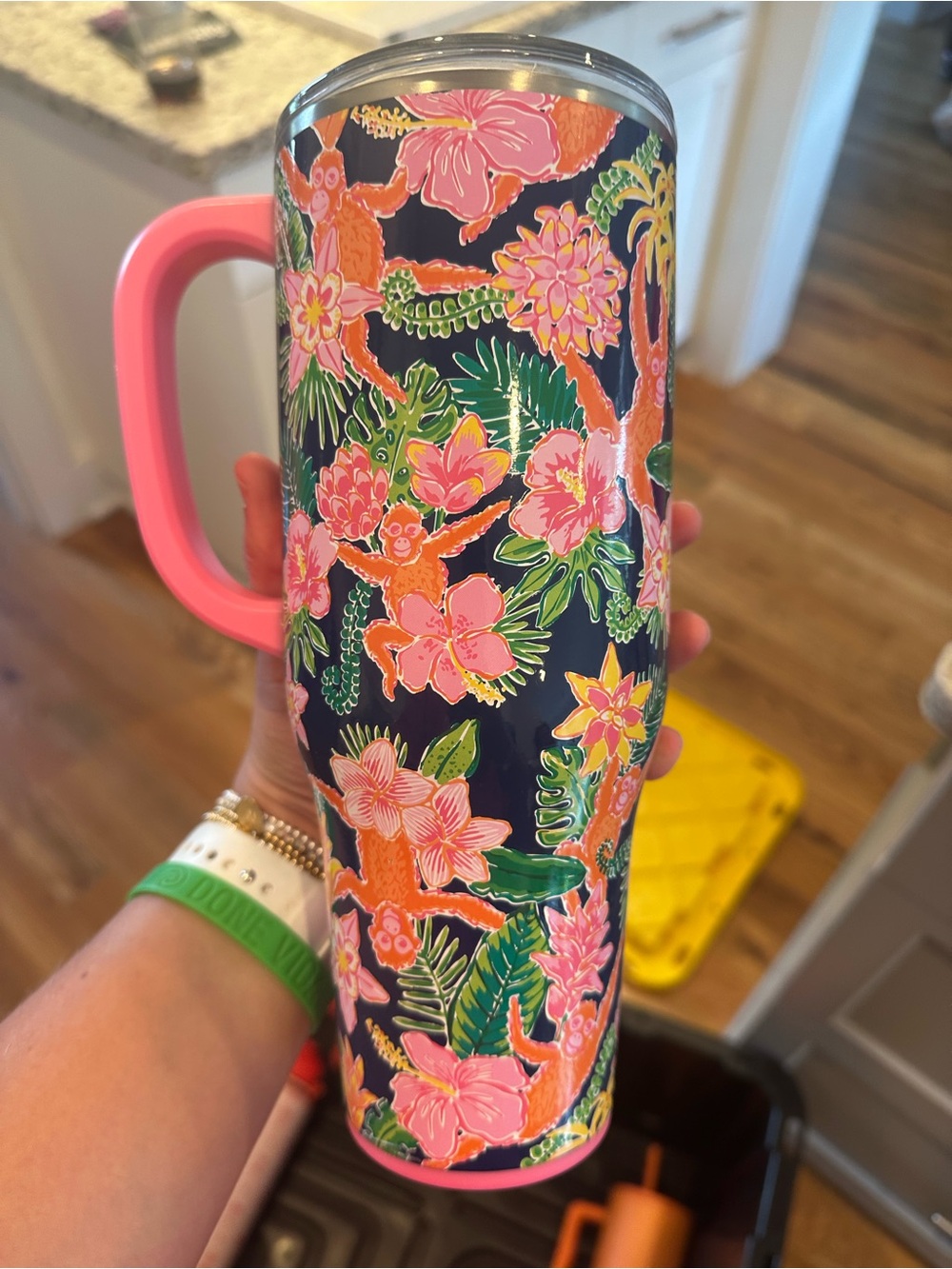 Floral Tropical Travel Tumbler with Pink Handle